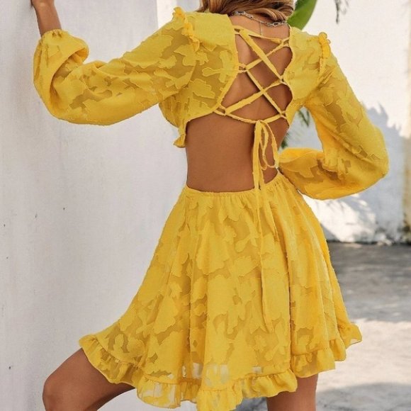 Boho Lace tie back Backless Mini Dress YELLOW - Picture 7 of 8